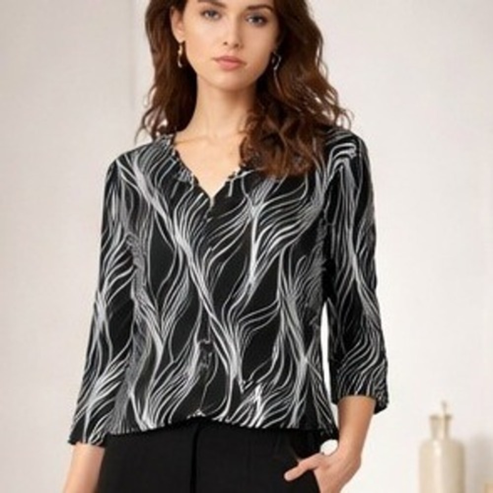 Chicos Travelers 2 Black White Abstract Print 3/4 Sleeve Blouse Top Large Liquid